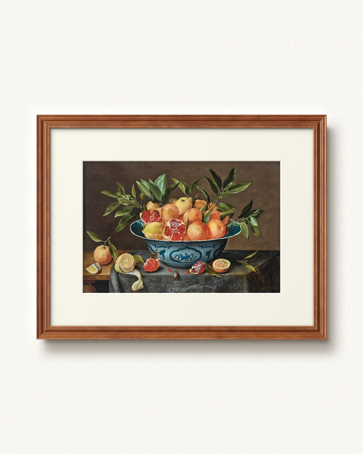 Pomegranates, Oranges, and Lemons in a Porcelain Bowl — 24 x 18, Signature Honey Stain frame, with off-white mat