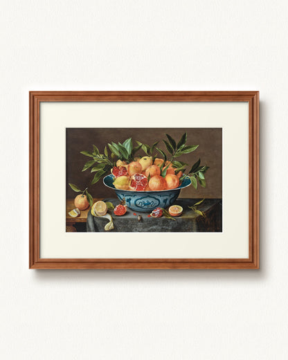 Pomegranates, Oranges, and Lemons in a Porcelain Bowl — 24 x 18, Signature Honey Stain frame, with off-white mat