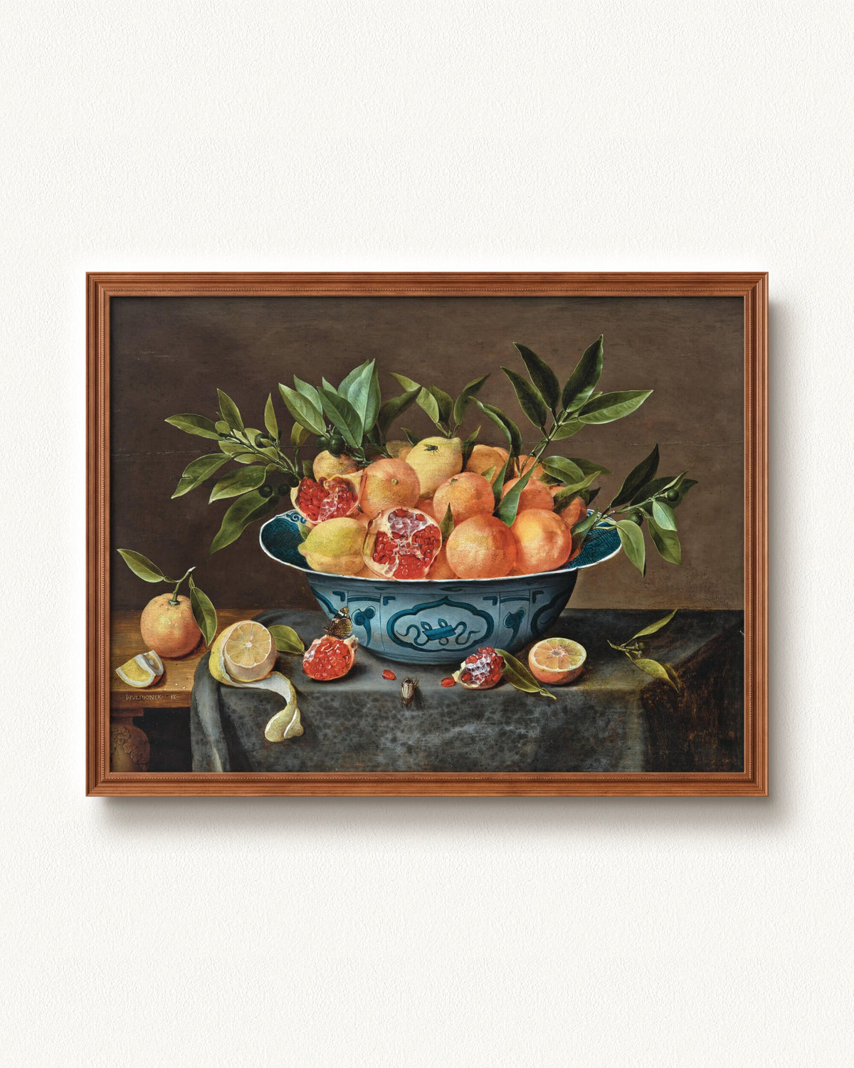Pomegranates, Oranges, and Lemons in a Porcelain Bowl — 32 x 24, Signature Honey Stain frame