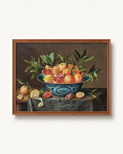 Pomegranates, Oranges, and Lemons in a Porcelain Bowl — 32 x 24, Signature Honey Stain frame
