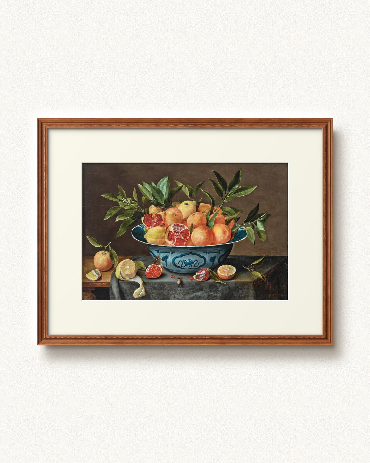 Pomegranates, Oranges, and Lemons in a Porcelain Bowl — 32 x 24, Signature Honey Stain frame, with off-white mat
