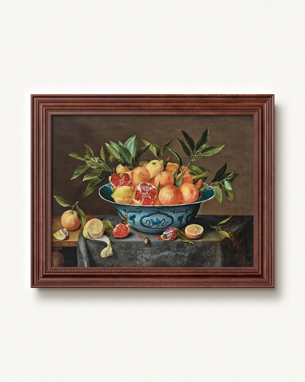 Pomegranates, Oranges, and Lemons in a Porcelain Bowl — 12 x 9, Signature Walnut Stain frame