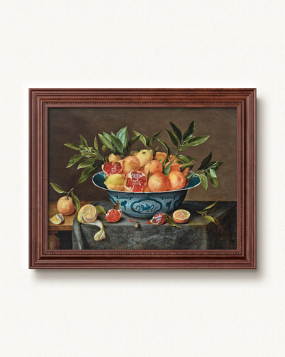 Pomegranates, Oranges, and Lemons in a Porcelain Bowl — 12 x 9, Signature Walnut Stain frame