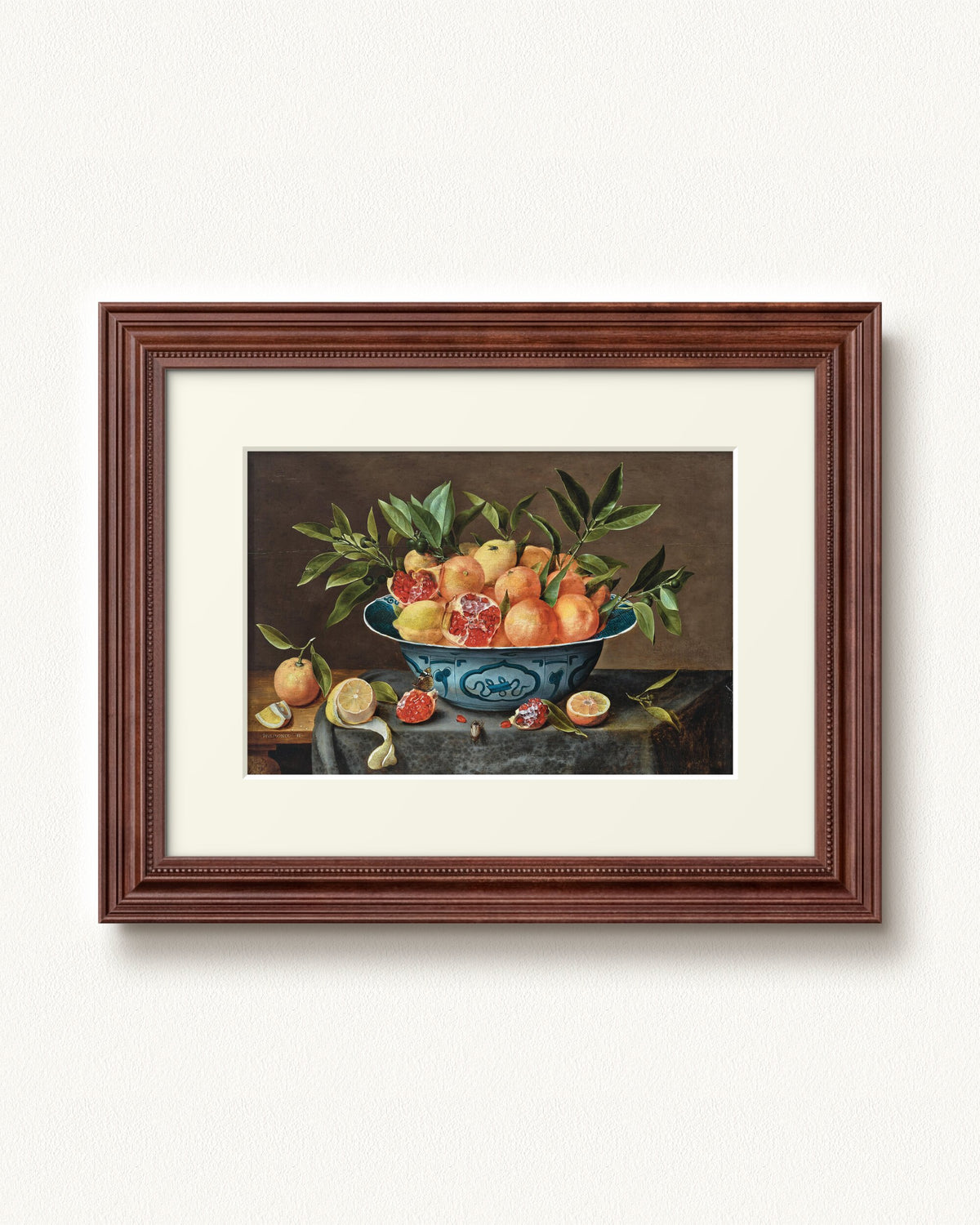 Pomegranates, Oranges, and Lemons in a Porcelain Bowl — 12 x 9, Signature Walnut Stain frame, with off-white mat