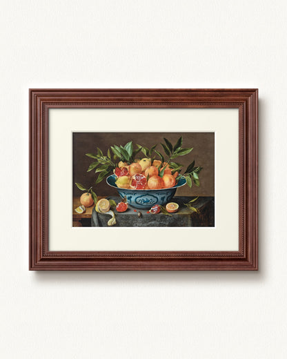 Pomegranates, Oranges, and Lemons in a Porcelain Bowl — 12 x 9, Signature Walnut Stain frame, with off-white mat