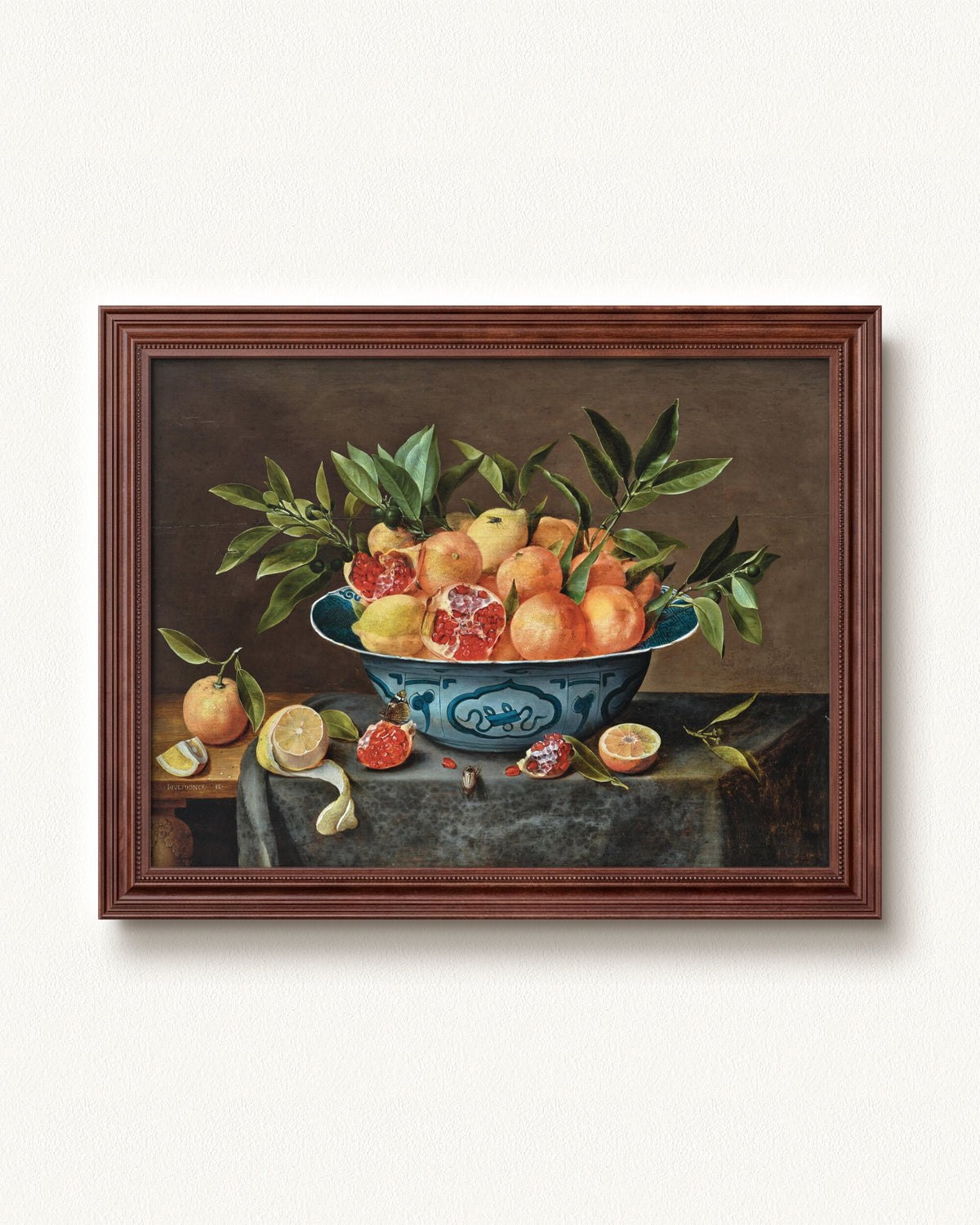 Pomegranates, Oranges, and Lemons in a Porcelain Bowl — 16 x 12, Signature Walnut Stain frame