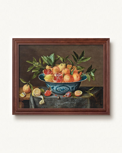 Pomegranates, Oranges, and Lemons in a Porcelain Bowl — 16 x 12, Signature Walnut Stain frame