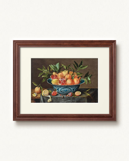 Pomegranates, Oranges, and Lemons in a Porcelain Bowl — 16 x 12, Signature Walnut Stain frame, with off-white mat