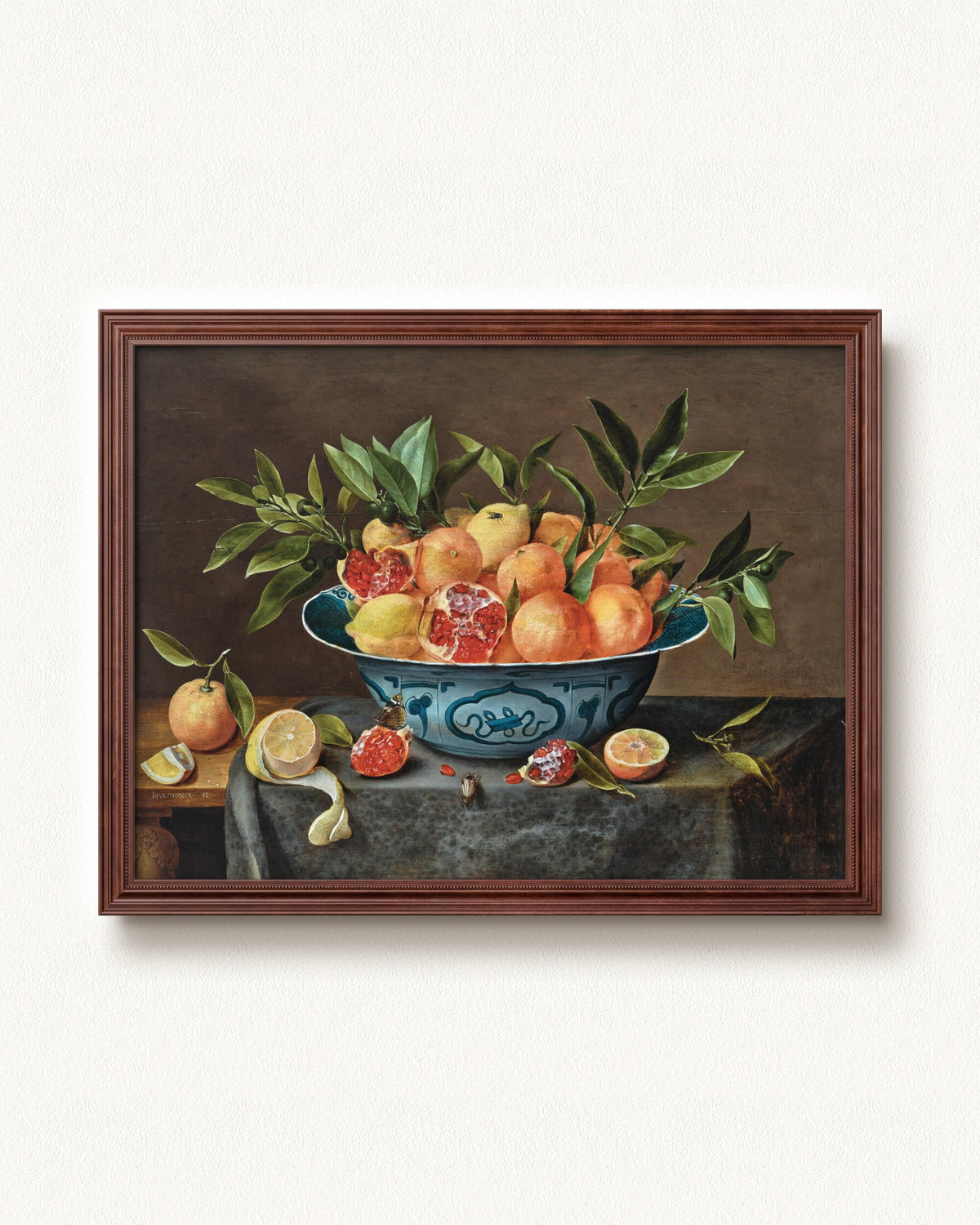 Pomegranates, Oranges, and Lemons in a Porcelain Bowl — 24 x 18, Signature Walnut Stain frame