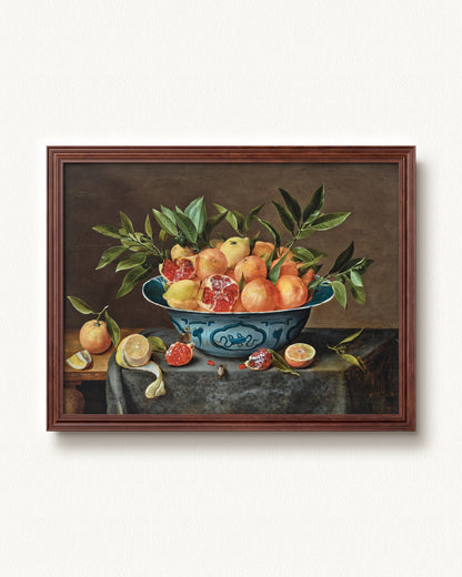 Pomegranates, Oranges, and Lemons in a Porcelain Bowl — 24 x 18, Signature Walnut Stain frame