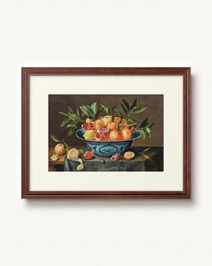 Pomegranates, Oranges, and Lemons in a Porcelain Bowl — 24 x 18, Signature Walnut Stain frame, with off-white mat