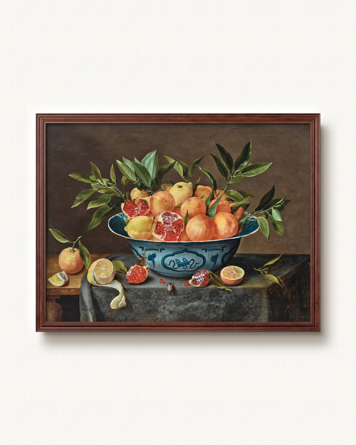 Pomegranates, Oranges, and Lemons in a Porcelain Bowl — 32 x 24, Signature Walnut Stain frame