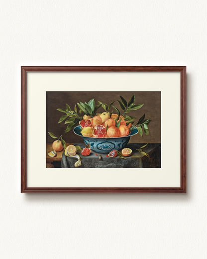 Pomegranates, Oranges, and Lemons in a Porcelain Bowl — 32 x 24, Signature Walnut Stain frame, with off-white mat