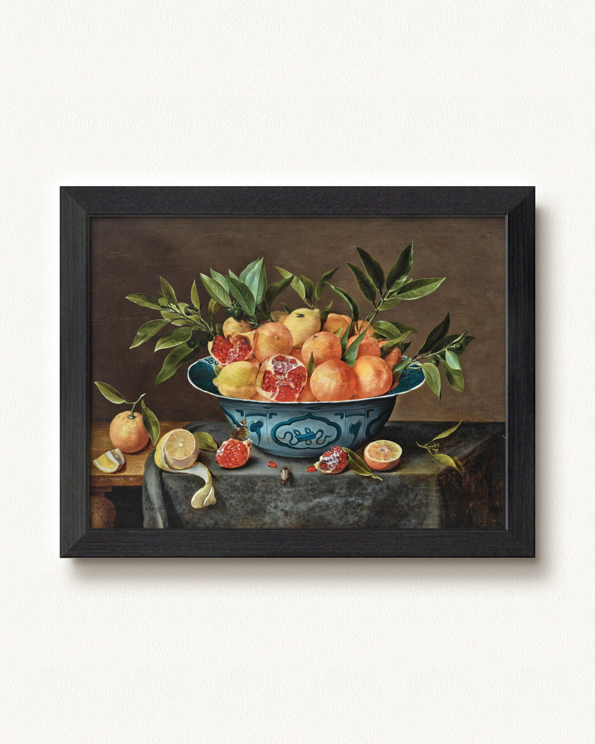 Pomegranates, Oranges, and Lemons in a Porcelain Bowl — 12 x 9, Modern - Black frame