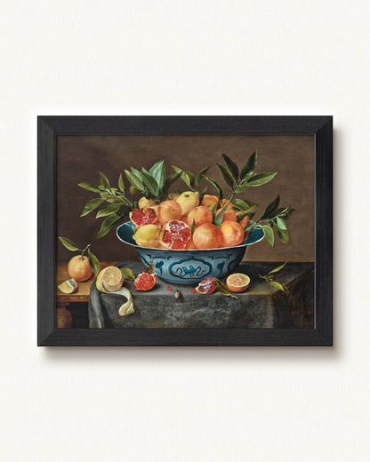 Pomegranates, Oranges, and Lemons in a Porcelain Bowl — 12 x 9, Modern - Black frame