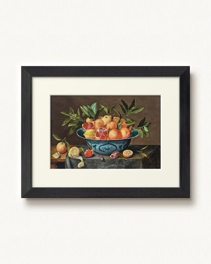 Pomegranates, Oranges, and Lemons in a Porcelain Bowl — 12 x 9, Modern - Black frame, with off-white mat