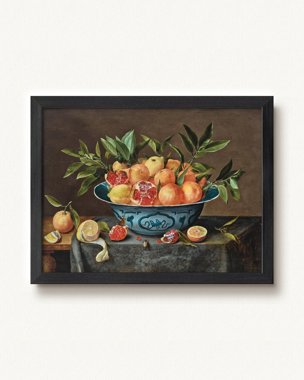 Pomegranates, Oranges, and Lemons in a Porcelain Bowl — 16 x 12, Modern - Black frame