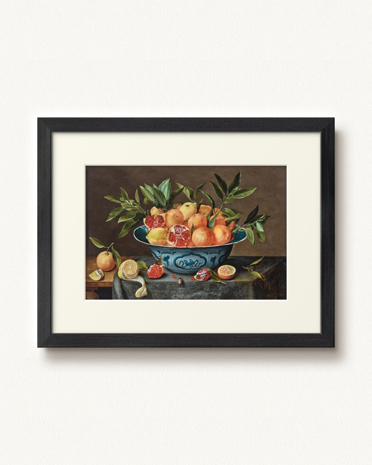 Pomegranates, Oranges, and Lemons in a Porcelain Bowl — 16 x 12, Modern - Black frame, with off-white mat