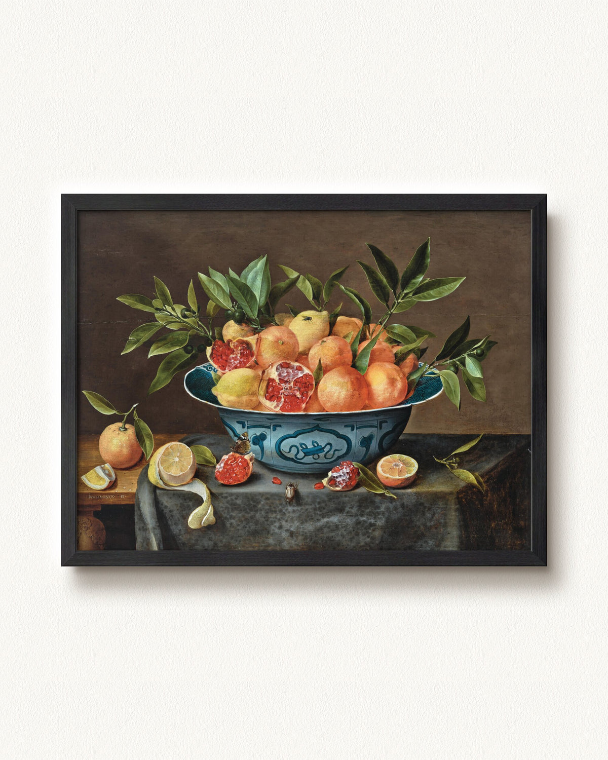 Pomegranates, Oranges, and Lemons in a Porcelain Bowl — 24 x 18, Modern - Black frame
