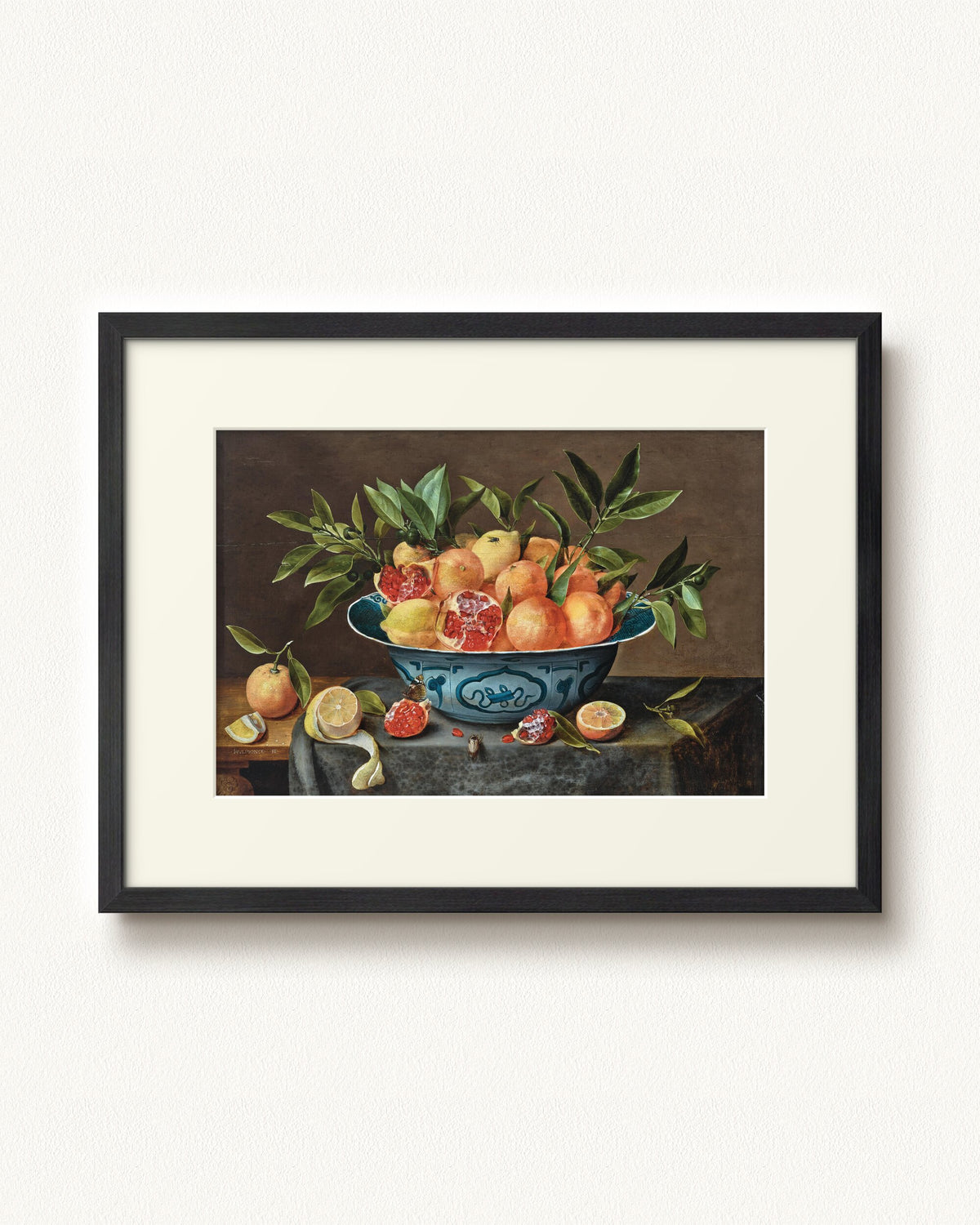 Pomegranates, Oranges, and Lemons in a Porcelain Bowl — 24 x 18, Modern - Black frame, with off-white mat