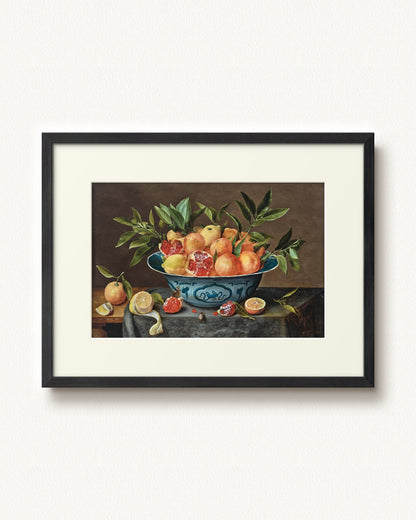 Pomegranates, Oranges, and Lemons in a Porcelain Bowl — 24 x 18, Modern - Black frame, with off-white mat