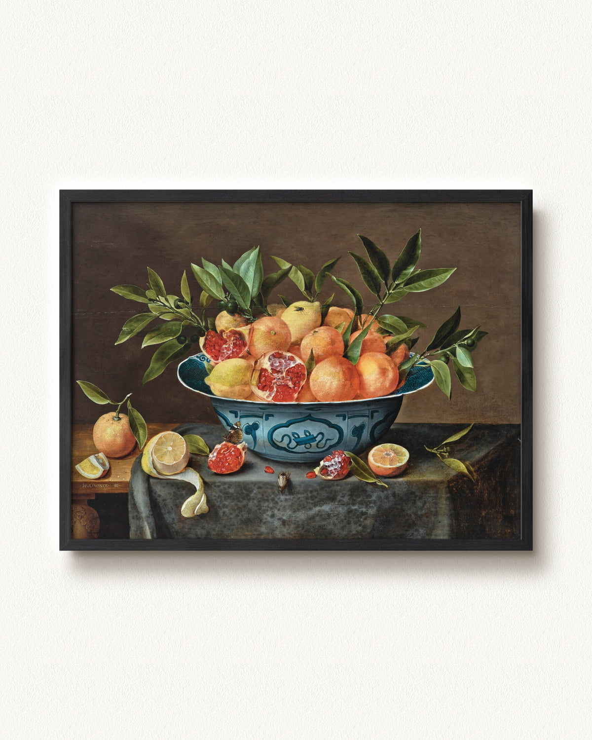 Pomegranates, Oranges, and Lemons in a Porcelain Bowl — 32 x 24, Modern - Black frame