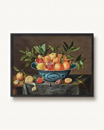 Pomegranates, Oranges, and Lemons in a Porcelain Bowl — 32 x 24, Modern - Black frame