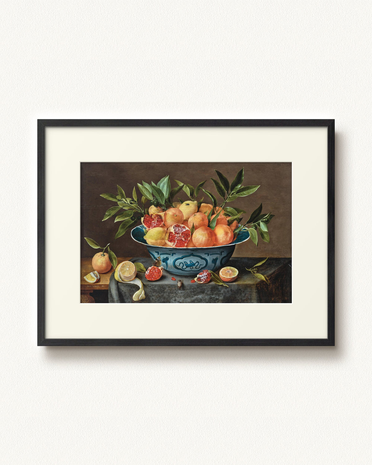 Pomegranates, Oranges, and Lemons in a Porcelain Bowl — 32 x 24, Modern - Black frame, with off-white mat