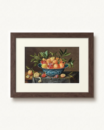 Pomegranates, Oranges, and Lemons in a Porcelain Bowl — 12 x 9, Modern - Espresso frame, with off-white mat
