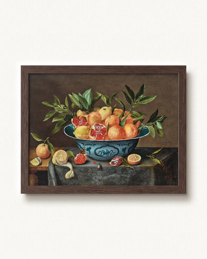 Pomegranates, Oranges, and Lemons in a Porcelain Bowl — 16 x 12, Modern - Espresso frame