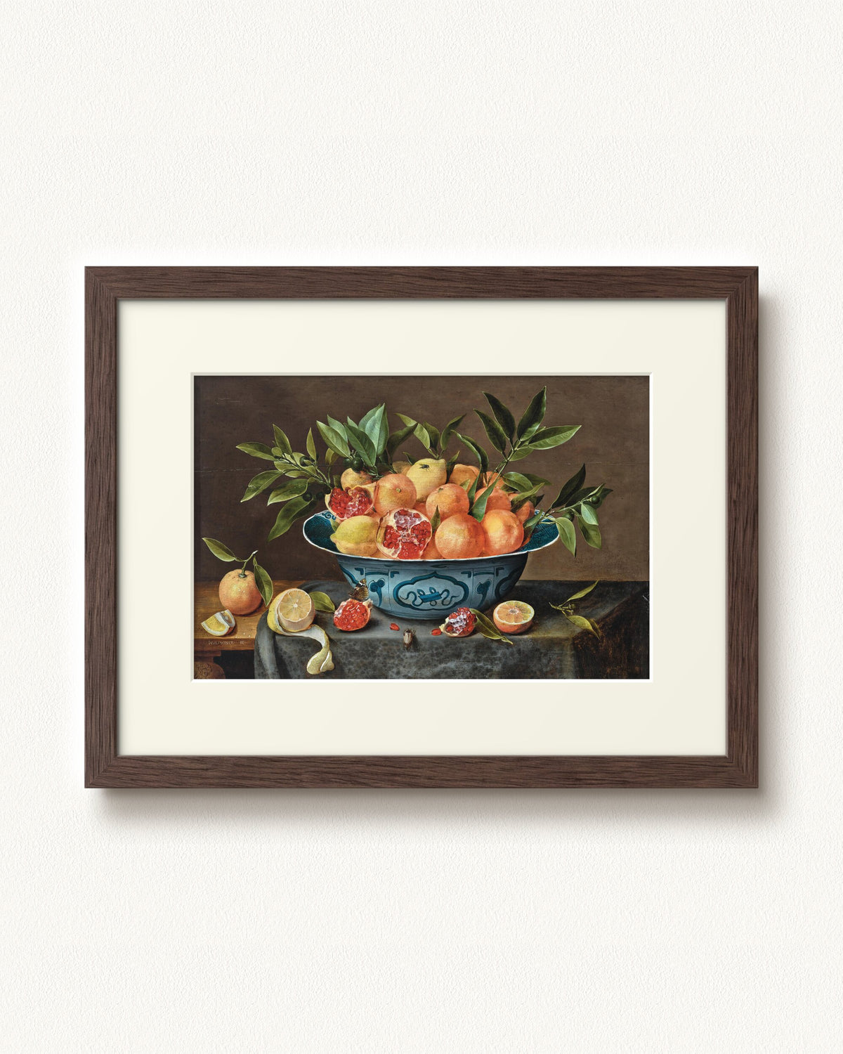 Pomegranates, Oranges, and Lemons in a Porcelain Bowl — 16 x 12, Modern - Espresso frame, with off-white mat