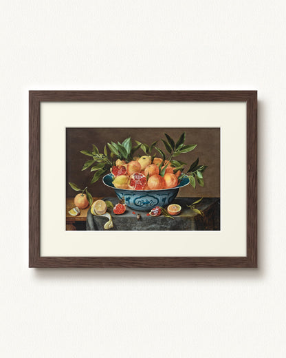 Pomegranates, Oranges, and Lemons in a Porcelain Bowl — 16 x 12, Modern - Espresso frame, with off-white mat