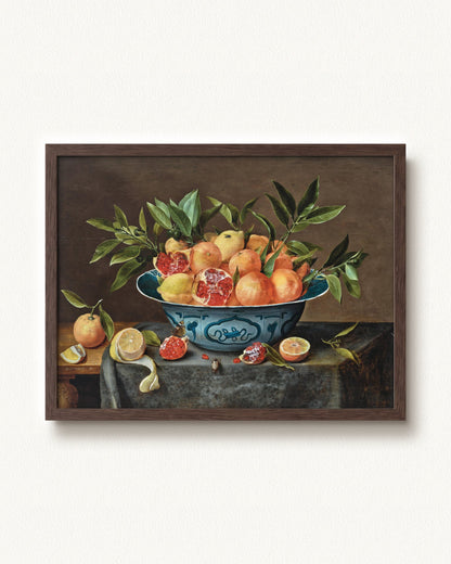 Pomegranates, Oranges, and Lemons in a Porcelain Bowl — 24 x 18, Modern - Espresso frame