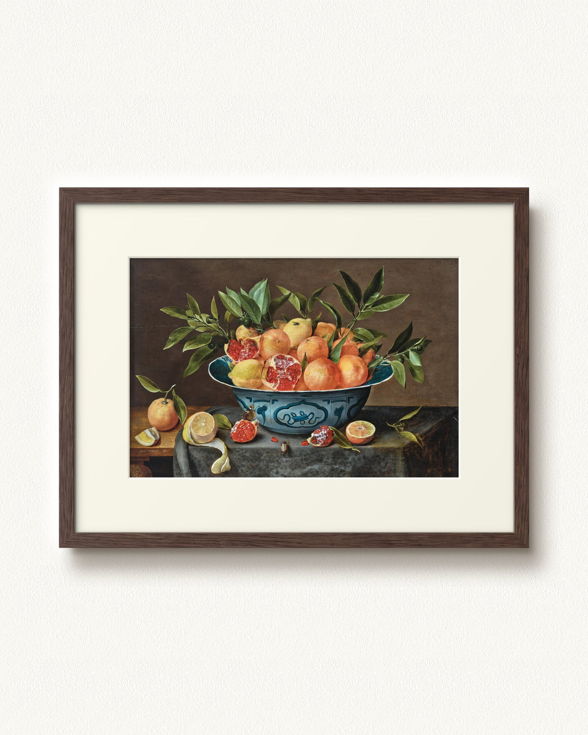 Pomegranates, Oranges, and Lemons in a Porcelain Bowl — 24 x 18, Modern - Espresso frame, with off-white mat