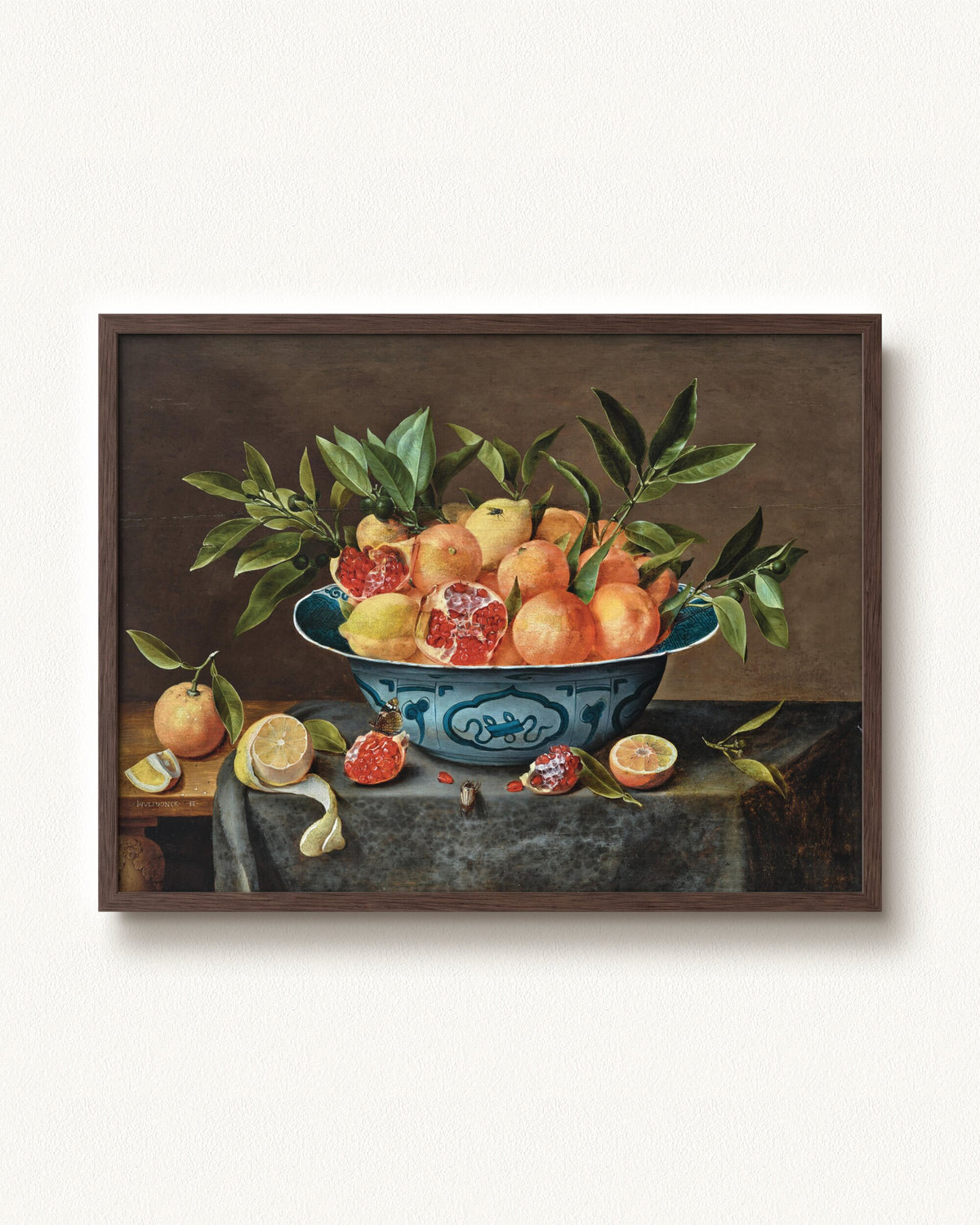 Pomegranates, Oranges, and Lemons in a Porcelain Bowl — 32 x 24, Modern - Espresso frame