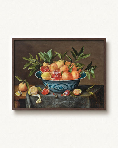 Pomegranates, Oranges, and Lemons in a Porcelain Bowl — 32 x 24, Modern - Espresso frame