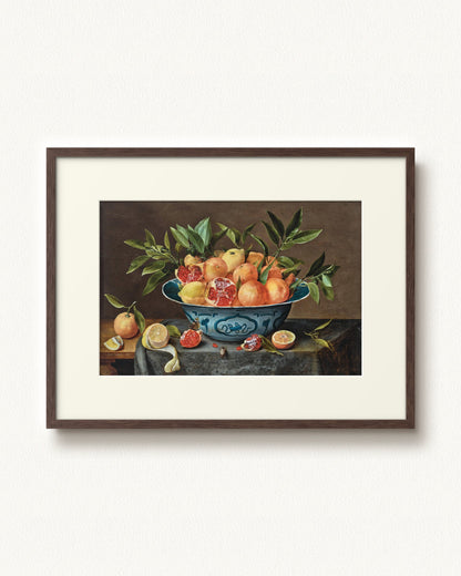 Pomegranates, Oranges, and Lemons in a Porcelain Bowl — 32 x 24, Modern - Espresso frame, with off-white mat