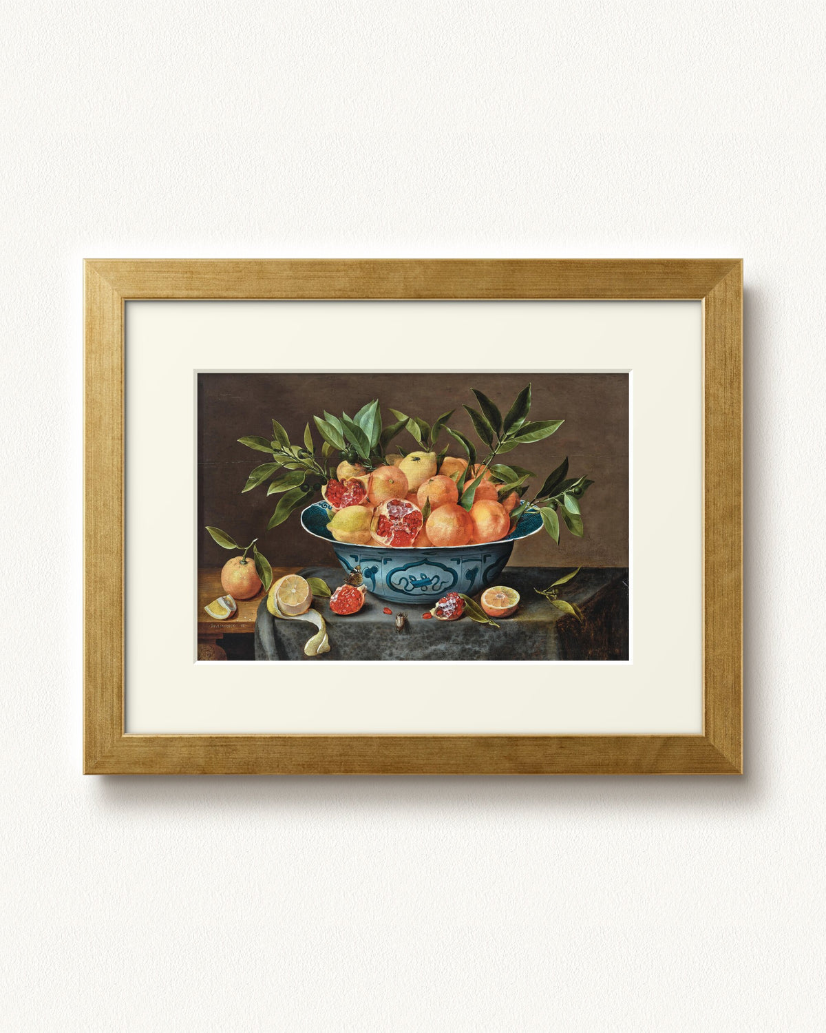 Pomegranates, Oranges, and Lemons in a Porcelain Bowl — 12 x 9, Modern - Gold frame, with off-white mat