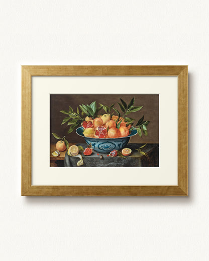 Pomegranates, Oranges, and Lemons in a Porcelain Bowl — 12 x 9, Modern - Gold frame, with off-white mat