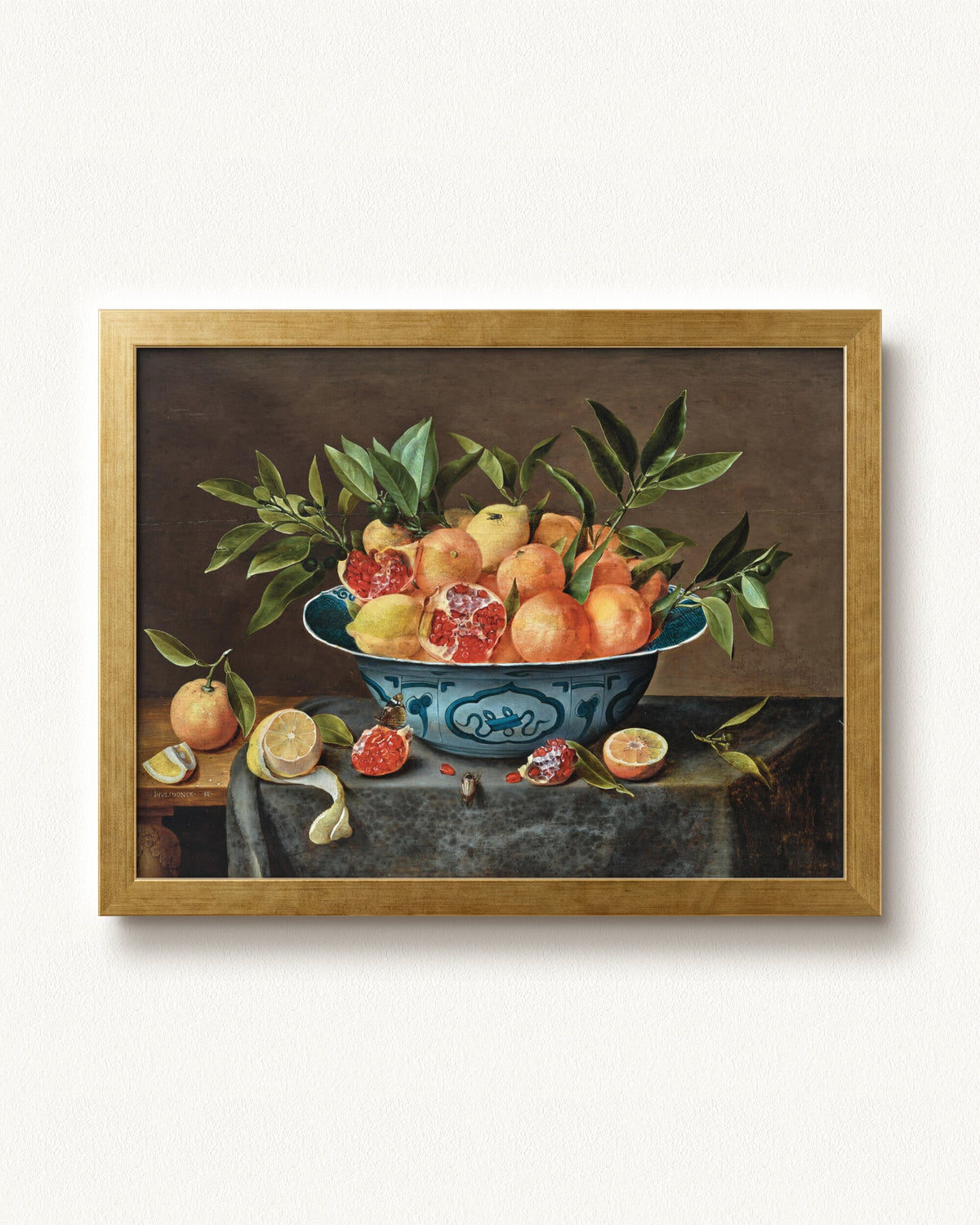 Pomegranates, Oranges, and Lemons in a Porcelain Bowl — 16 x 12, Modern - Gold frame