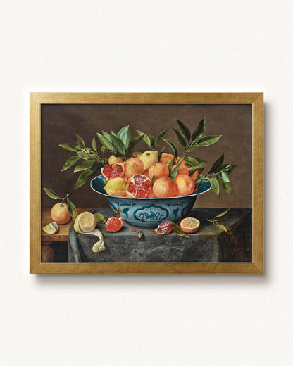 Pomegranates, Oranges, and Lemons in a Porcelain Bowl — 16 x 12, Modern - Gold frame