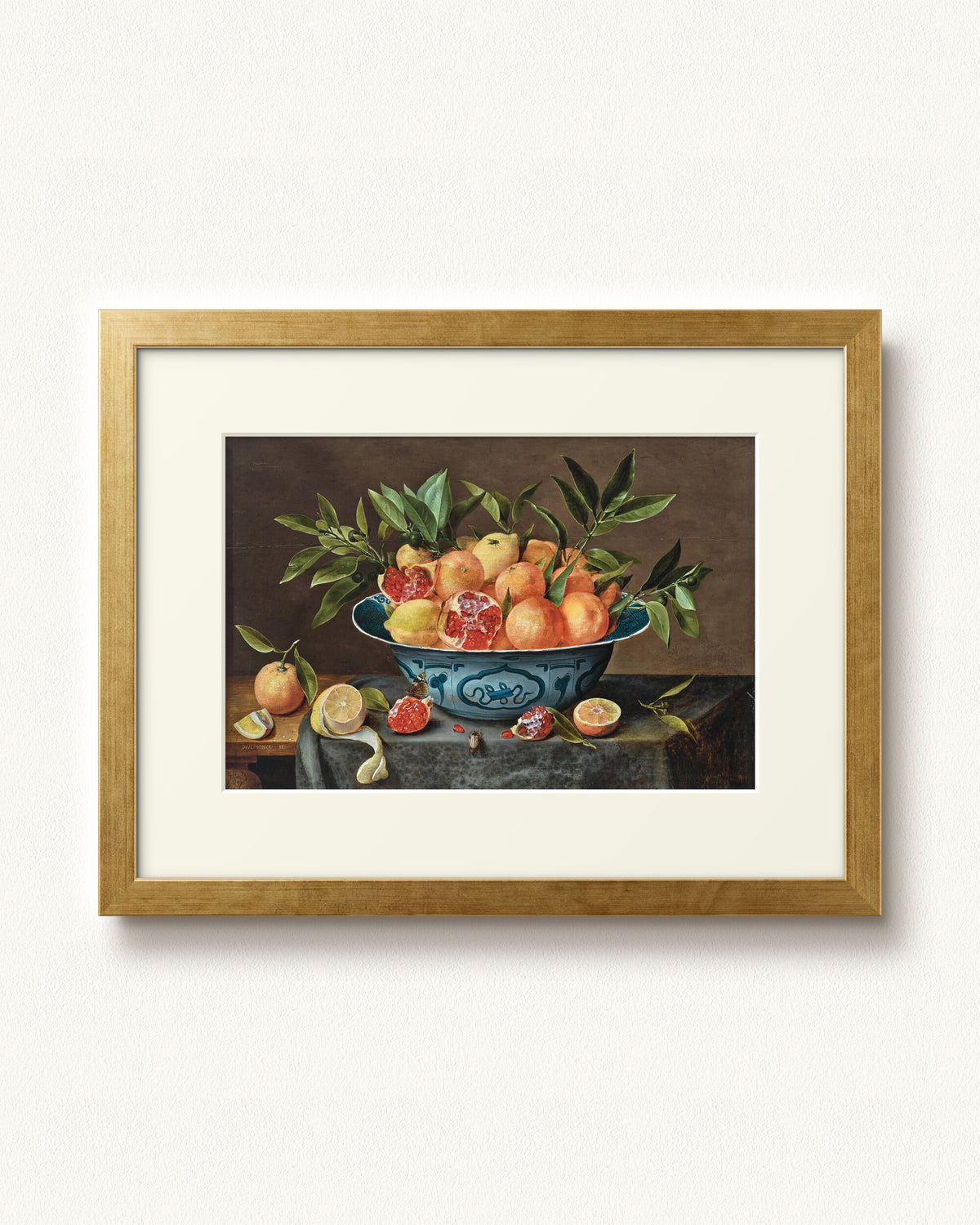 Pomegranates, Oranges, and Lemons in a Porcelain Bowl — 16 x 12, Modern - Gold frame, with off-white mat