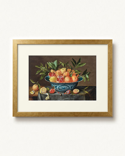 Pomegranates, Oranges, and Lemons in a Porcelain Bowl — 16 x 12, Modern - Gold frame, with off-white mat