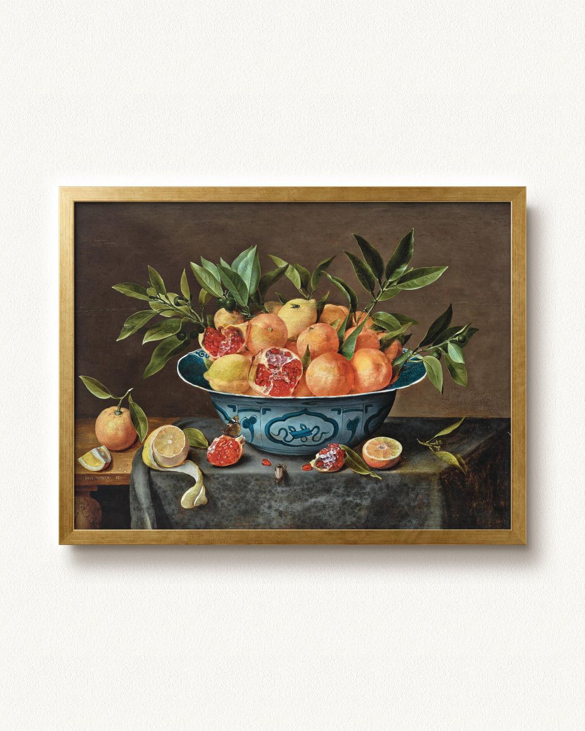 Pomegranates, Oranges, and Lemons in a Porcelain Bowl — 24 x 18, Modern - Gold frame
