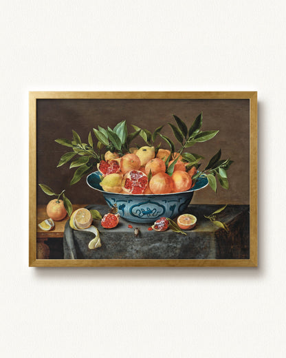 Pomegranates, Oranges, and Lemons in a Porcelain Bowl — 24 x 18, Modern - Gold frame