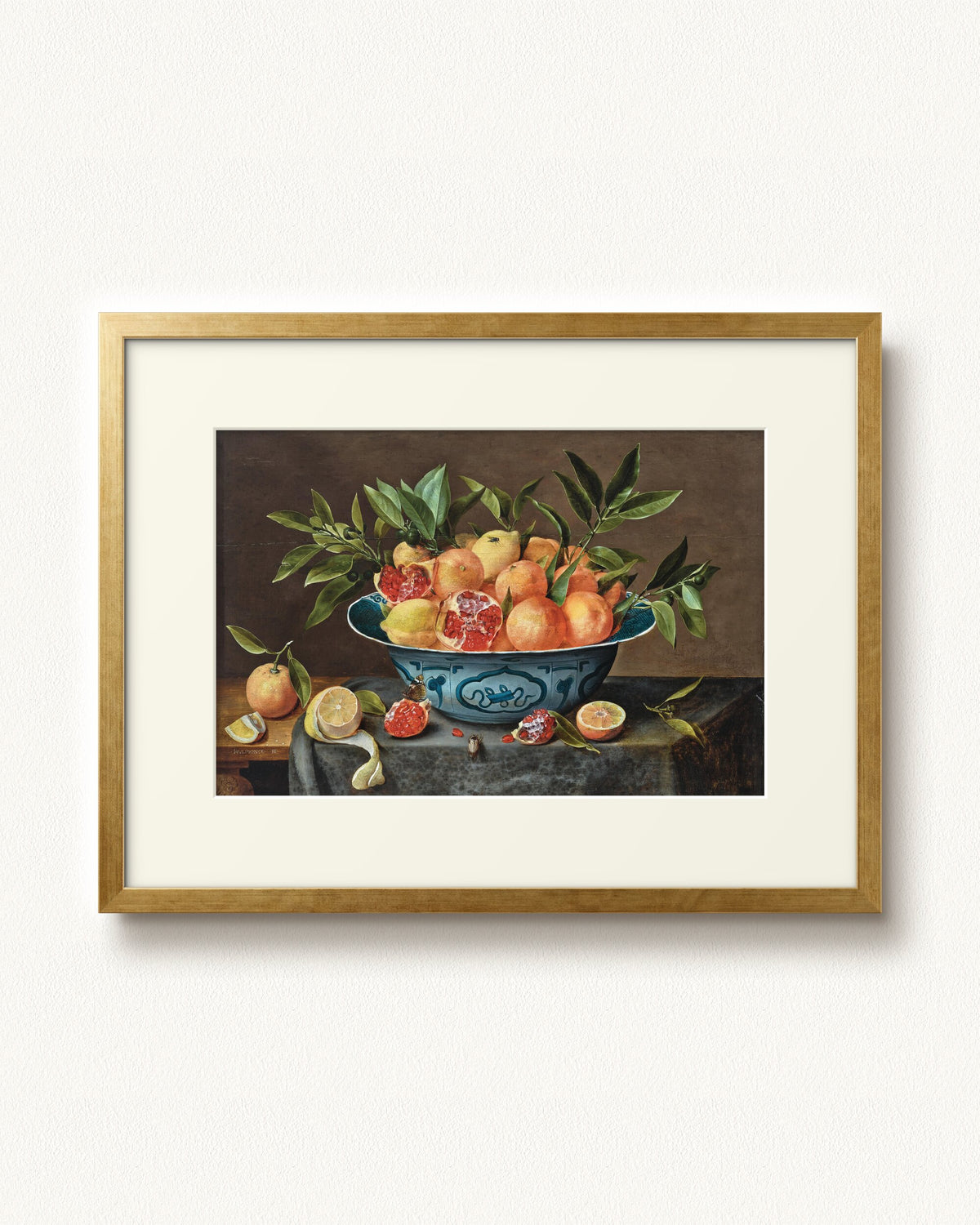 Pomegranates, Oranges, and Lemons in a Porcelain Bowl — 24 x 18, Modern - Gold frame, with off-white mat