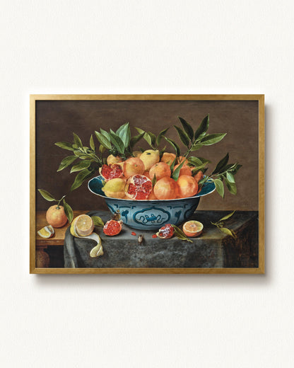 Pomegranates, Oranges, and Lemons in a Porcelain Bowl — 32 x 24, Modern - Gold frame