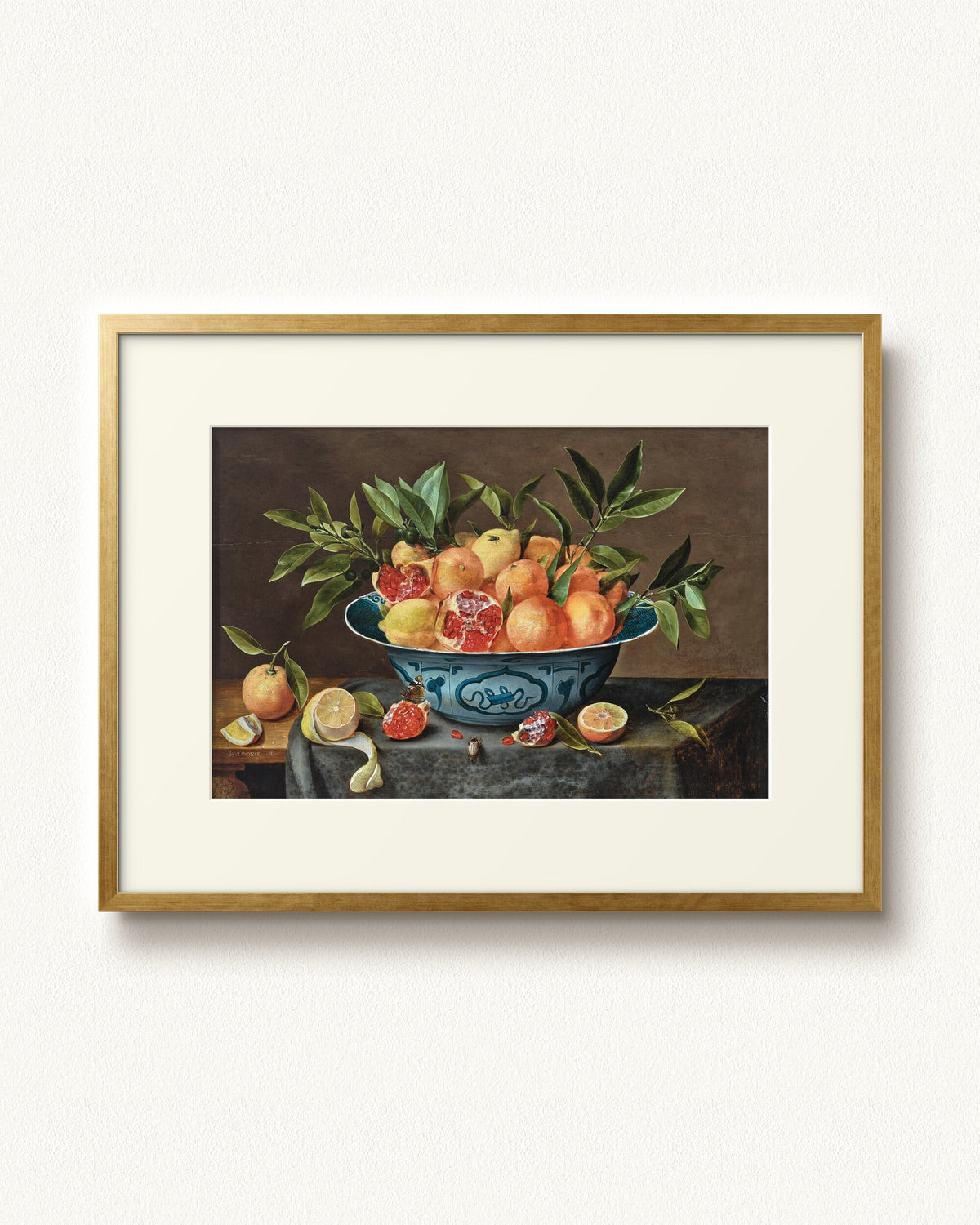 Pomegranates, Oranges, and Lemons in a Porcelain Bowl — 32 x 24, Modern - Gold frame, with off-white mat