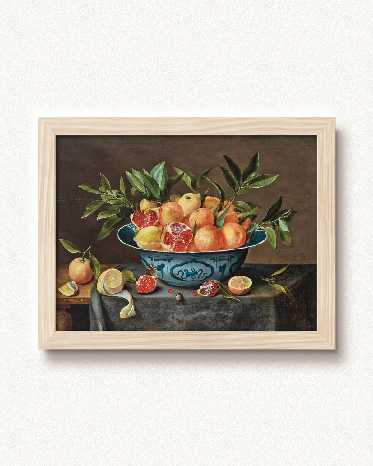 Pomegranates, Oranges, and Lemons in a Porcelain Bowl — 12 x 9, Modern - Natural frame