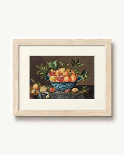 Pomegranates, Oranges, and Lemons in a Porcelain Bowl — 12 x 9, Modern - Natural frame, with off-white mat